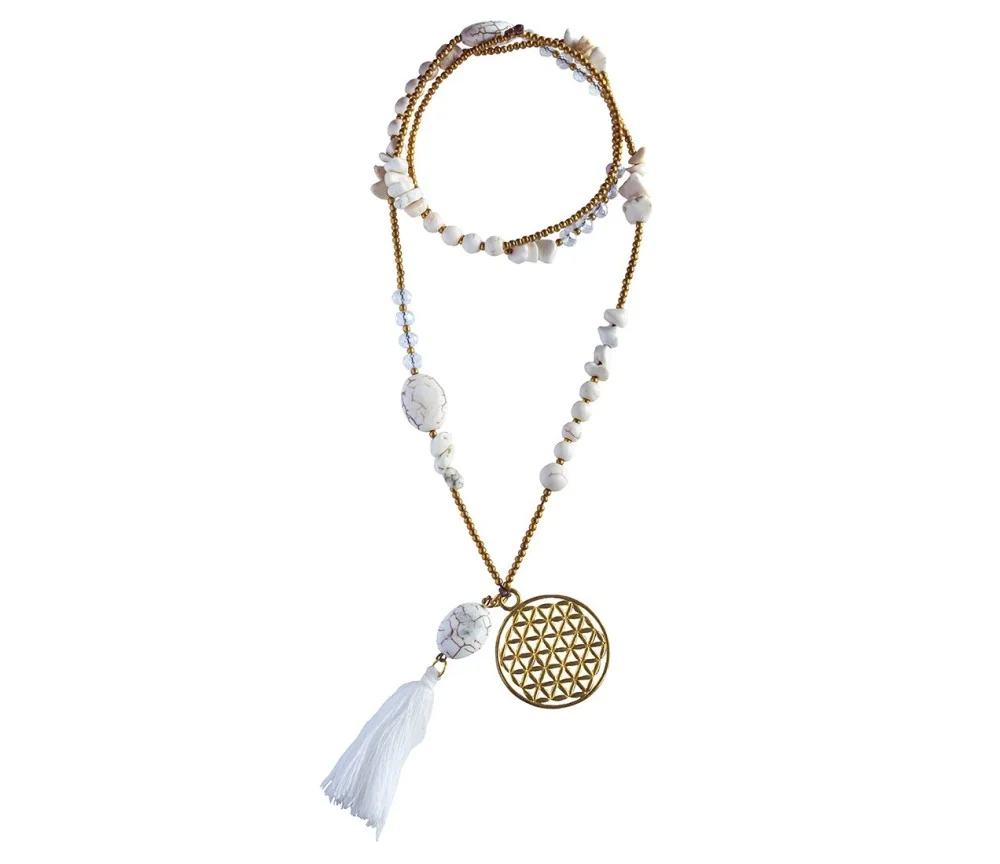 Halskette "Blume des Lebens" Howlith-, Glas- und Messingperlen 82cm
