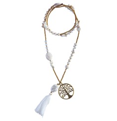 Halskette "Baum des Lebens" Howlith-, Glas- und Messingperlen 82cm