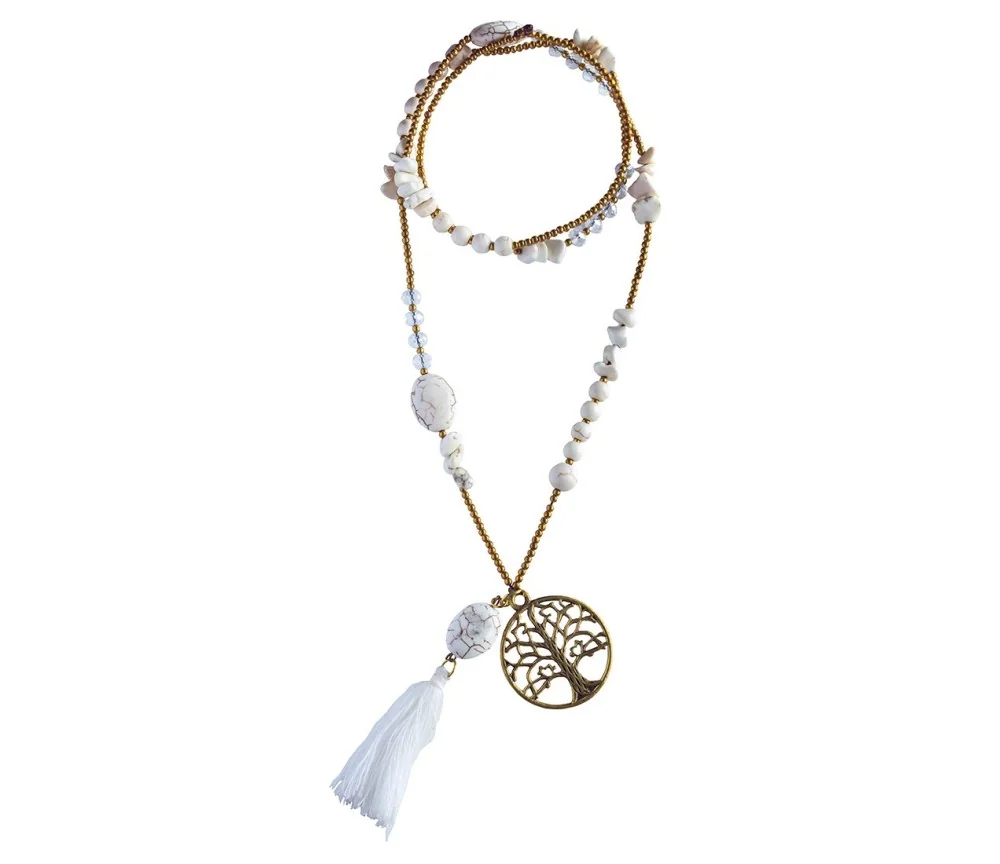 Halskette "Baum des Lebens" Howlith-, Glas- und Messingperlen 82cm