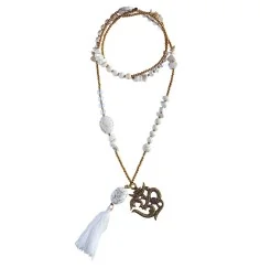 Halskette "Om" Howlith-, Glas- und Messingperlen 82cm