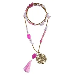 Halskette "Blume des Lebens" Rosenquarz-, Glas- und Messingperlen 82cm