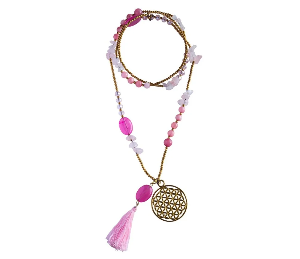Halskette "Blume des Lebens" Rosenquarz-, Glas- und Messingperlen 82cm