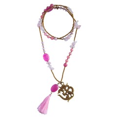 Halskette "Om" Rosenquarz-, Glas- und Messingperlen 82cm