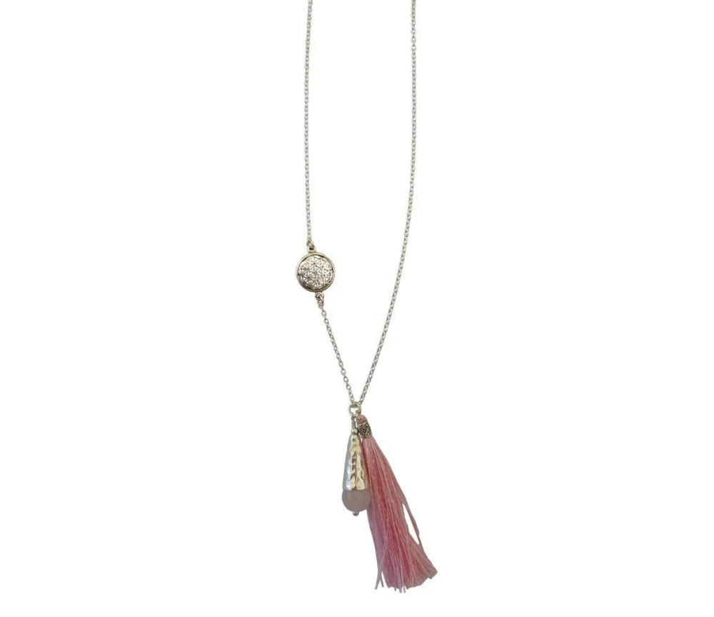 Kette "Blume des Lebens" 1,2cm Silber 925 mit Rosenquarz-Perle und Rosa Tassel 42cm