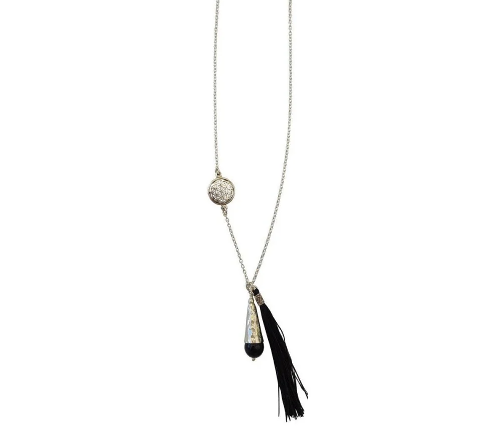 Kette "Blume des Lebens" 1,2cm Silber 925 mit Onyx-Perle und Schwarzer Tassel 42cm