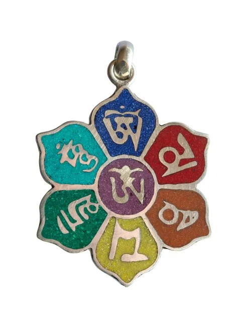 Anhänger "Om Mani Padme Hum Lotus" Weissmetall chakrafarben 3