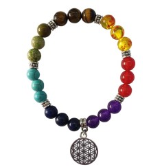Armband "Blume des Lebens" Chakra Edelsteine mit Metall Anhänger, 6cm flexibel