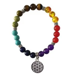 Armband "Blume des Lebens" Chakra Edelsteine mit Metall Anhänger, 6cm flexibel