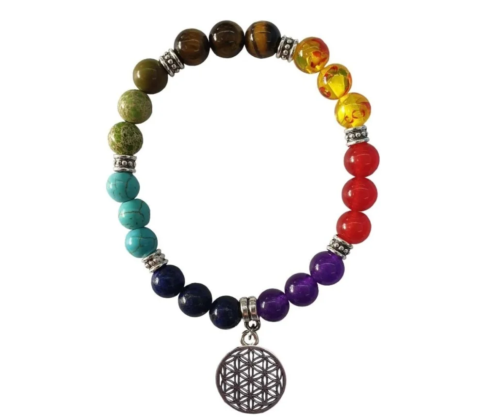 Armband "Blume des Lebens" Chakra Edelsteine mit Metall Anhänger, 6cm flexibel
