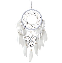 Traumfänger "Cosmic Swirl" Leder weiss, mit 1TF 22cm und 3TF 6cm, 22x60cm