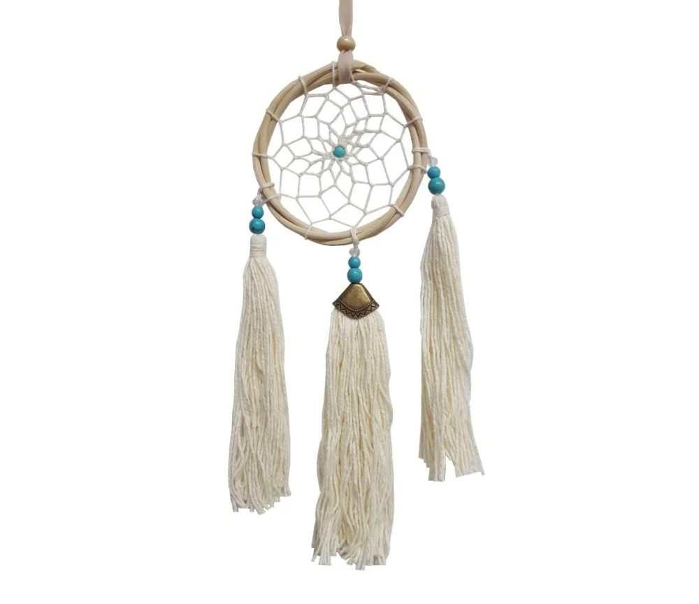 Traumfänger Rattan 8cm mit Howlith Perlen und weißen Quasten, 8x30cm