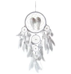 Traumfänger Mobile "Angel Wings" Leder weiß 22cm mit weißen Engelsfedern, 28x65cm