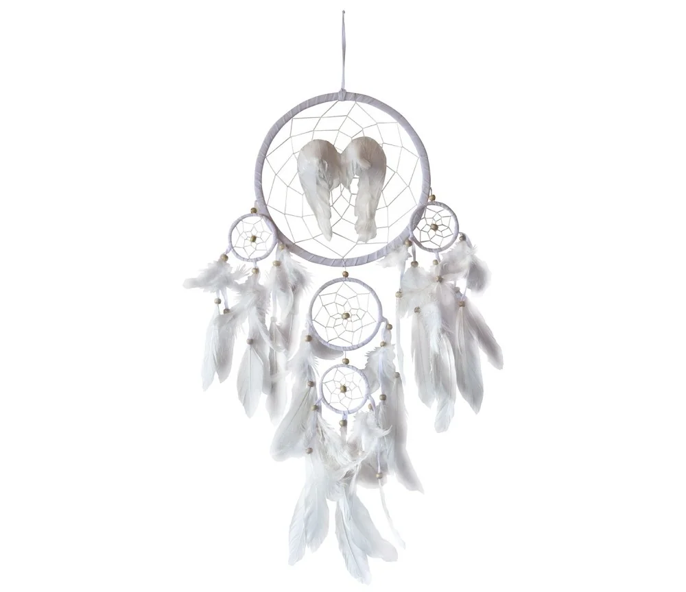 Traumfänger Mobile "Angel Wings" Leder weiß 22cm mit weißen Engelsfedern, 28x65cm