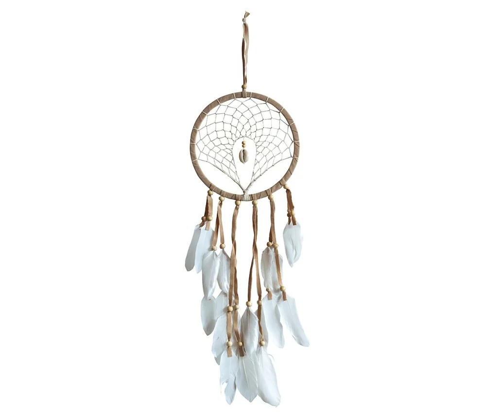 Traumfänger "Diamond" Leder mit Kauri Muschel und vielen Federn, braun 16x55cm