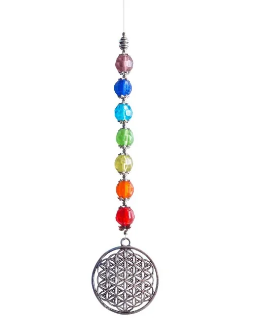 Suncatcher "Blume des Lebens" Metal 4cm mit 7 bunten Glasperlen 60cm
