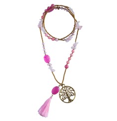 Halskette "Baum des Lebens" Rosenquarz-, Glas- und Messingperlen 82cm