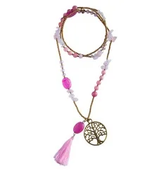 Halskette "Baum des Lebens" Rosenquarz-, Glas- und Messingperlen 82cm