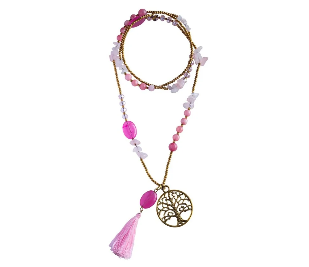 Halskette "Baum des Lebens" Rosenquarz-, Glas- und Messingperlen 82cm