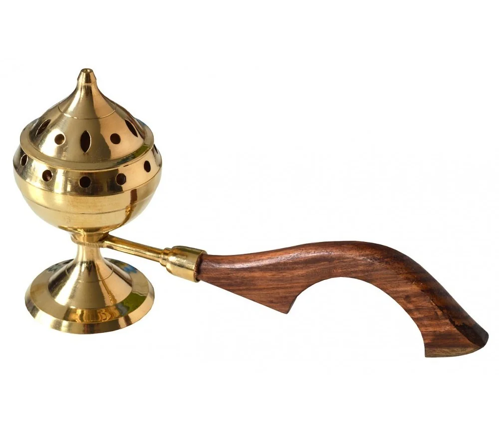 Räuchergefäß aus Messing mit Holzgriff 20x8cm