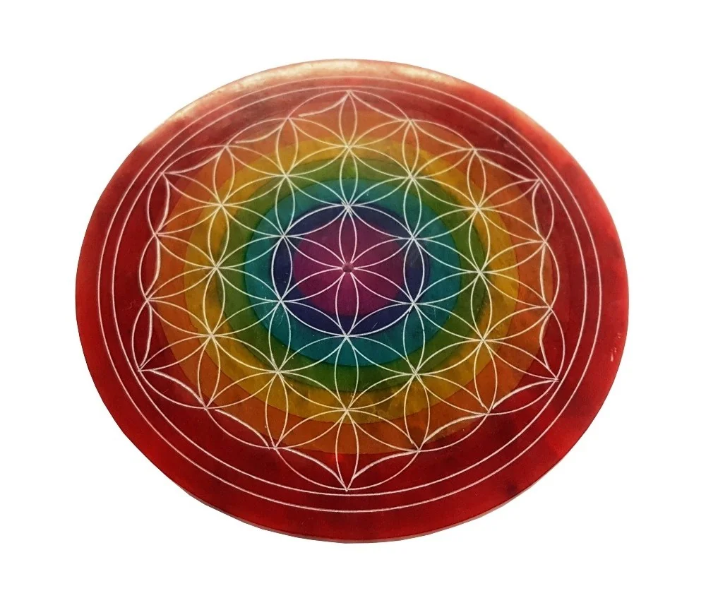 Räucherstäbchenhalter "Blume des Lebens rainbow" Speckstein graviert, 10cm