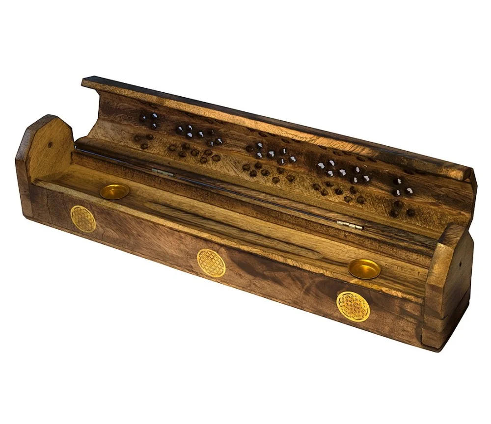 Räucherstäbchenhalter "India Truhe Blume des Lebens" Holz 30x6cm