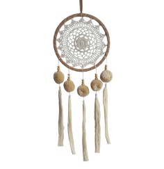 Traumfänger "PomPom" Leder mit gewebtem Netz und weissen Tassel, 22x70cm