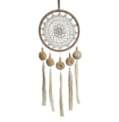 Traumfänger "PomPom" Leder mit gewebtem Netz und weissen Tassel, 22x70cm