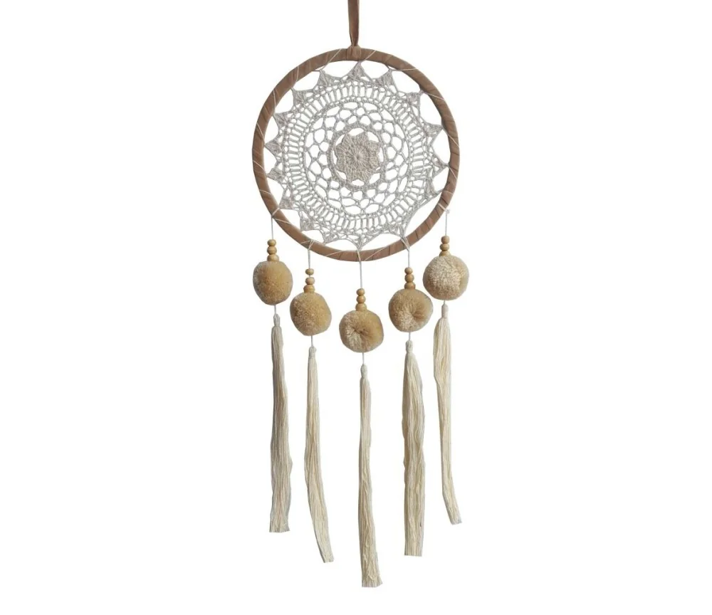 Traumfänger "PomPom" Leder mit gewebtem Netz und weissen Tassel, 22x70cm