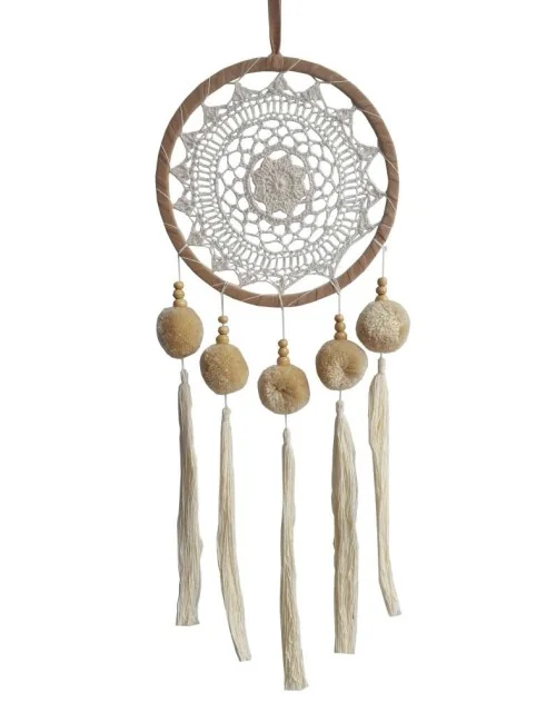 Traumfänger "PomPom" Leder mit gewebtem Netz und weissen Tassel