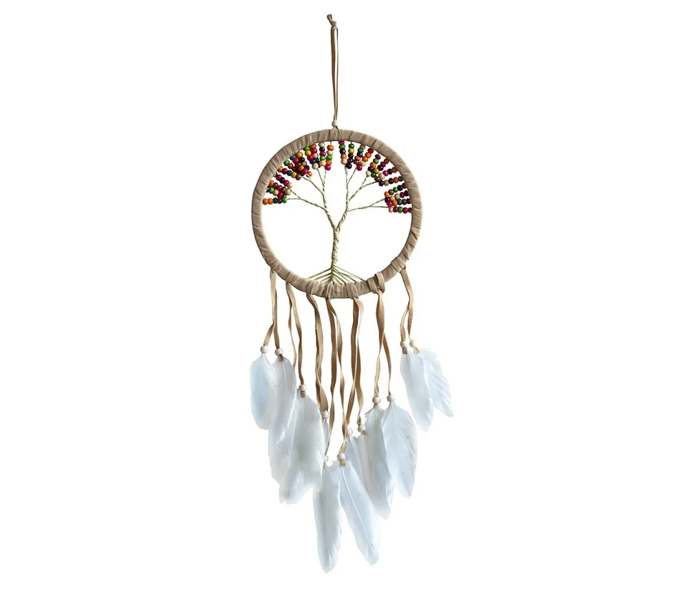 Traumfänger "Tree of Life" Leder 16cm mit farbigen Holzperlen, 16x50cm