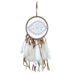 Traumfänger "White Eye" Leder braun mit gehäkeltem Netz, 16x50cm