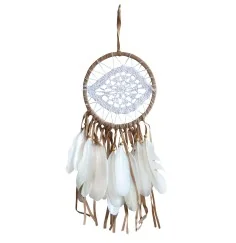 Traumfänger "White Eye" Leder braun mit gehäkeltem Netz, 16x50cm