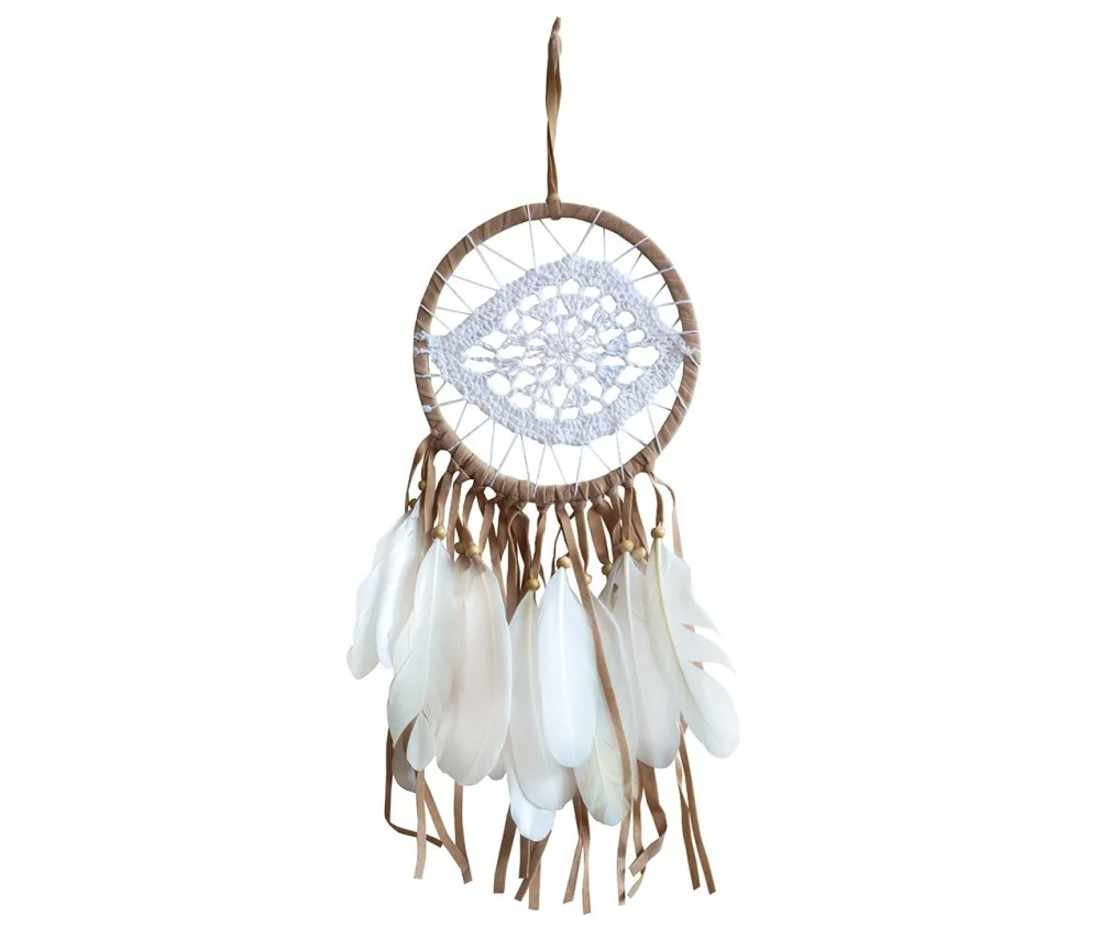 Traumfänger "White Eye" Leder braun mit gehäkeltem Netz, 16x50cm