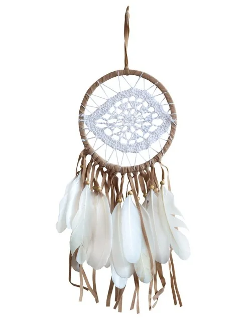 Traumfänger "White Eye" Leder braun mit gehäkeltem Netz
