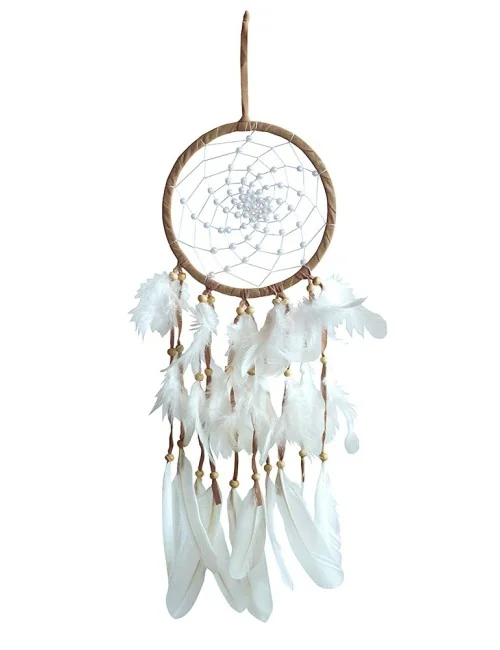 Traumfänger "White Swirl" Leder braun mit weissen Perlen