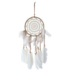 Traumfänger Rattan mit Netz gehäkelt, weiss 16cm, Gesamtlänge 17x50cm