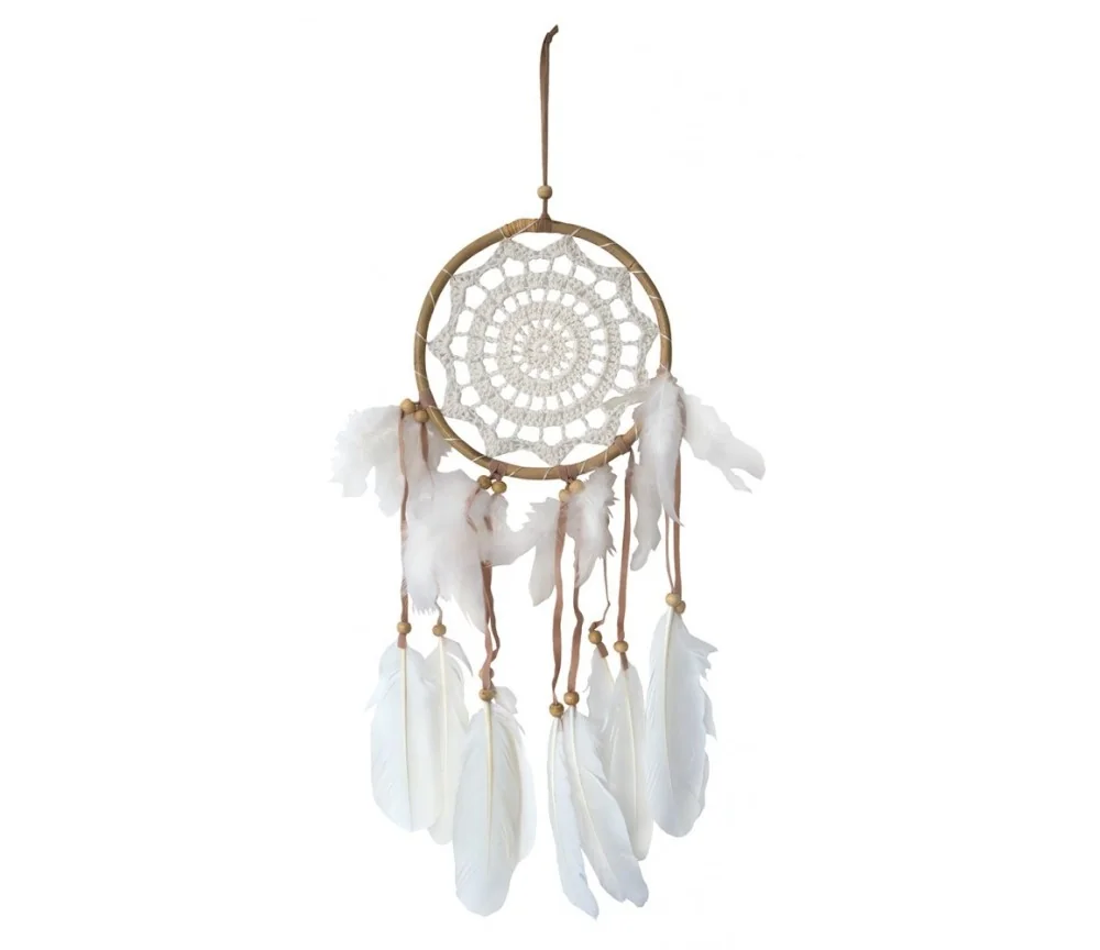 Traumfänger Rattan mit Netz gehäkelt, weiss 16cm, Gesamtlänge 17x50cm