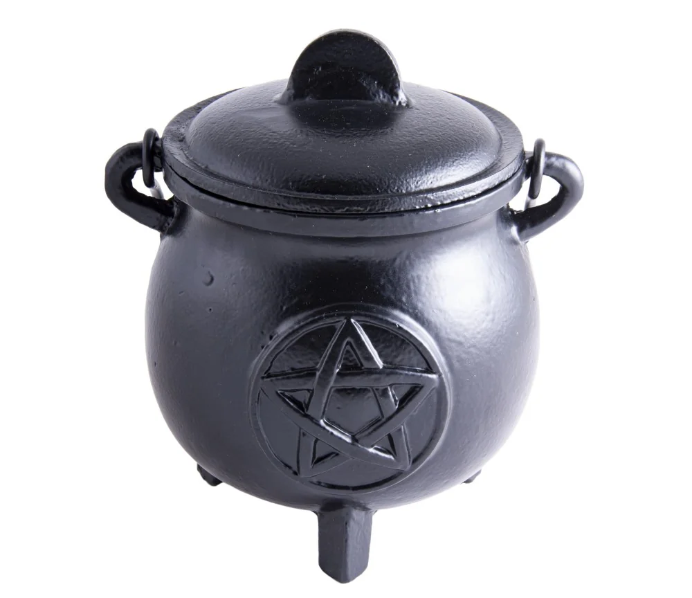 Räuchergefäß - Hexenkessel - Pentagramm groß - Gusseisen mit Henkel & Deckel ca.14,5x12,5cm