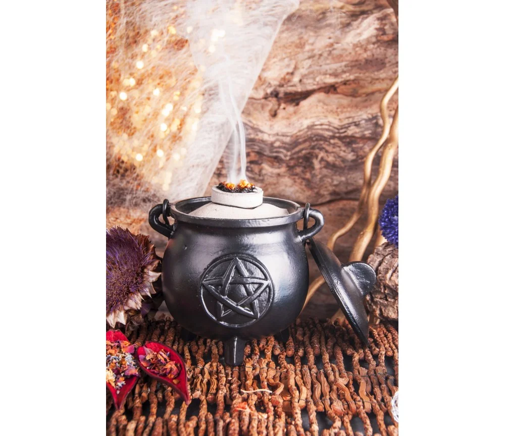 Räuchergefäß - Hexenkessel - Pentagramm groß - Gusseisen mit Henkel & Deckel ca.14,5x12,5cm