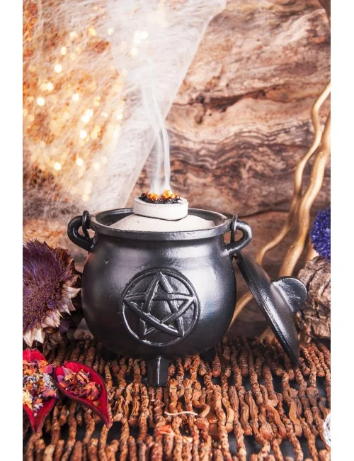 Räuchergefäß - Hexenkessel - Pentagramm groß - Gusseisen mit Henkel & Deckel ca.14,5x12,5cm