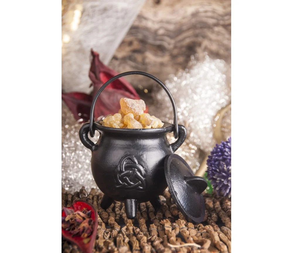 Räuchergefäß - Hexenkessel - keltischer Knoten Dreiheit - Gusseisen mit Henkel & Deckel ca.8,5x7,5cm