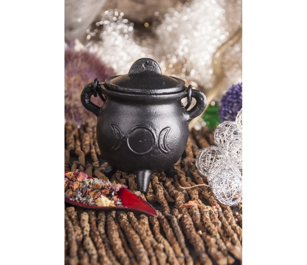 Räuchergefäß - Hexenkessel - Sonne & Mond - Gusseisen mit Henkel & Deckel ca.8,5x7,5cm