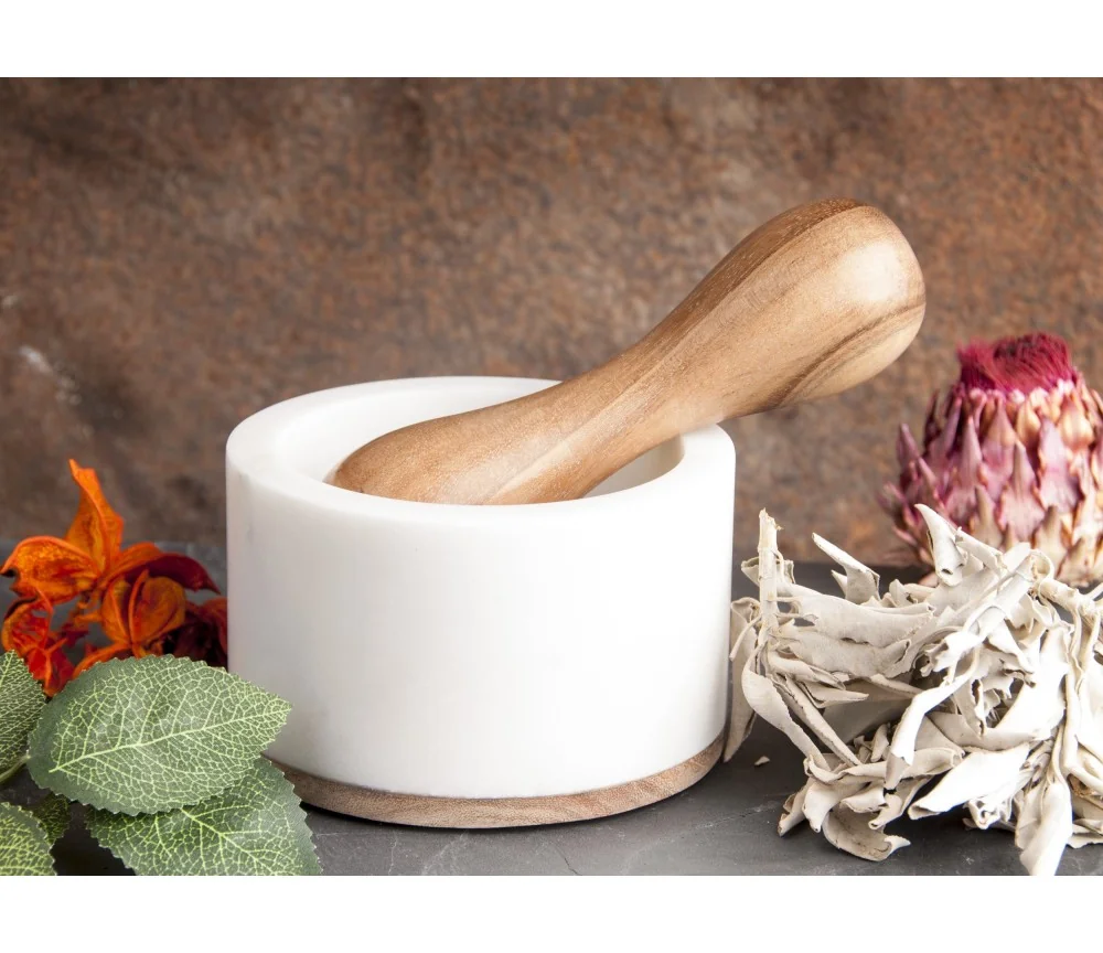 Mörser aus Marmor mit Holzstößel ca. 12,5x7,5 cm