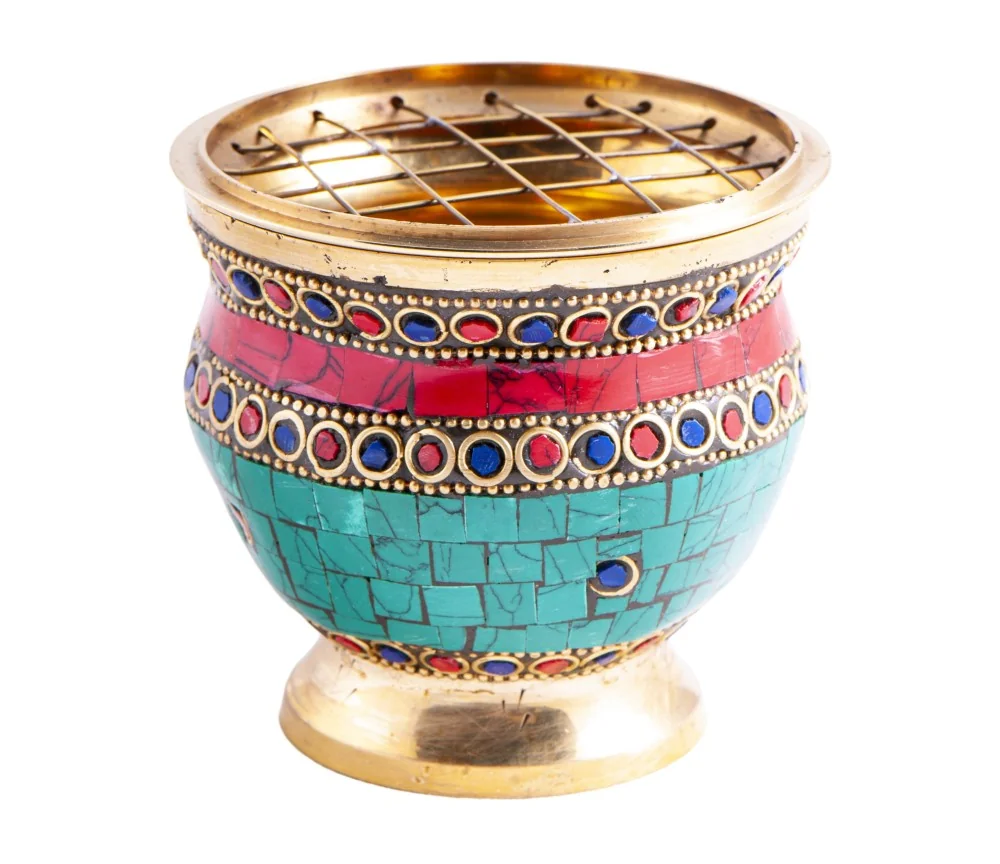 Räuchergefäß mit Netzeinsatz 7,5 x 8 cm mit Messing und Steinen