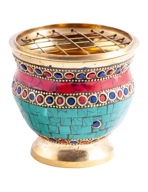 Räuchergefäß mit Netzeinsatz 7,5 x 8 cm mit Messing und Steinen