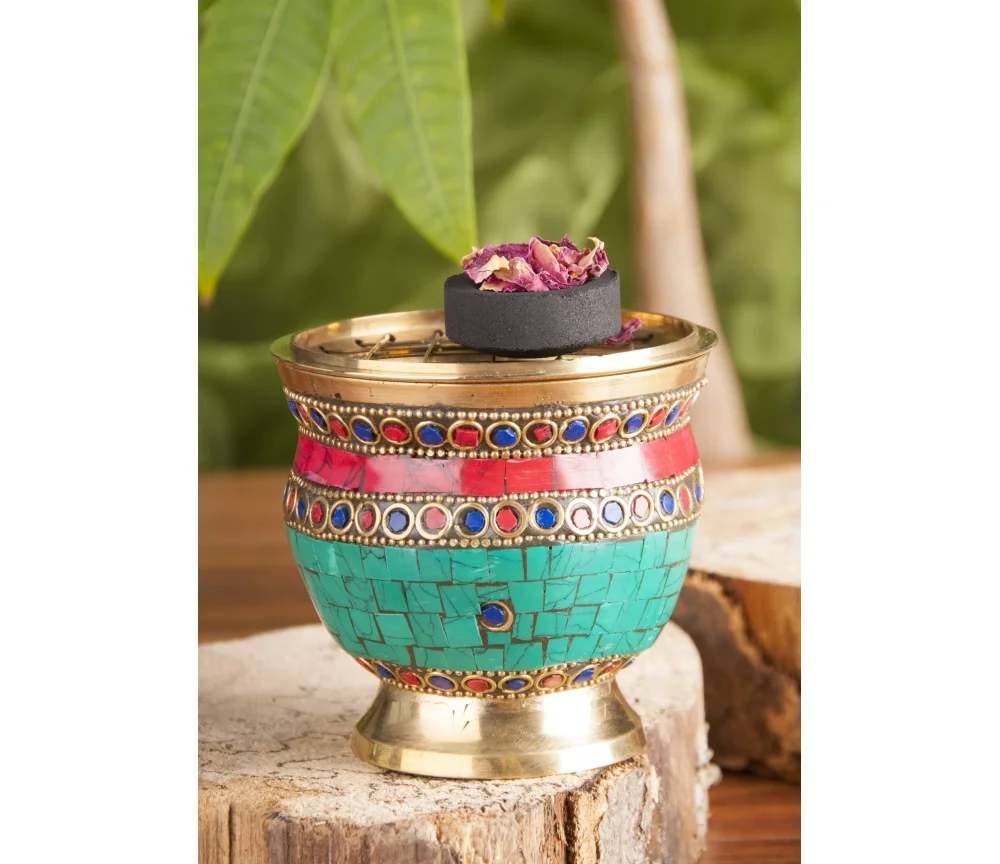 Räuchergefäß mit Netzeinsatz 7,5 x 8 cm mit Messing und Steinen