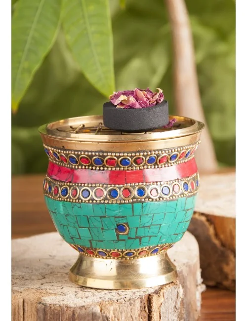 Räuchergefäß mit Netzeinsatz 7,5 x 8 cm mit Messing und Steinen