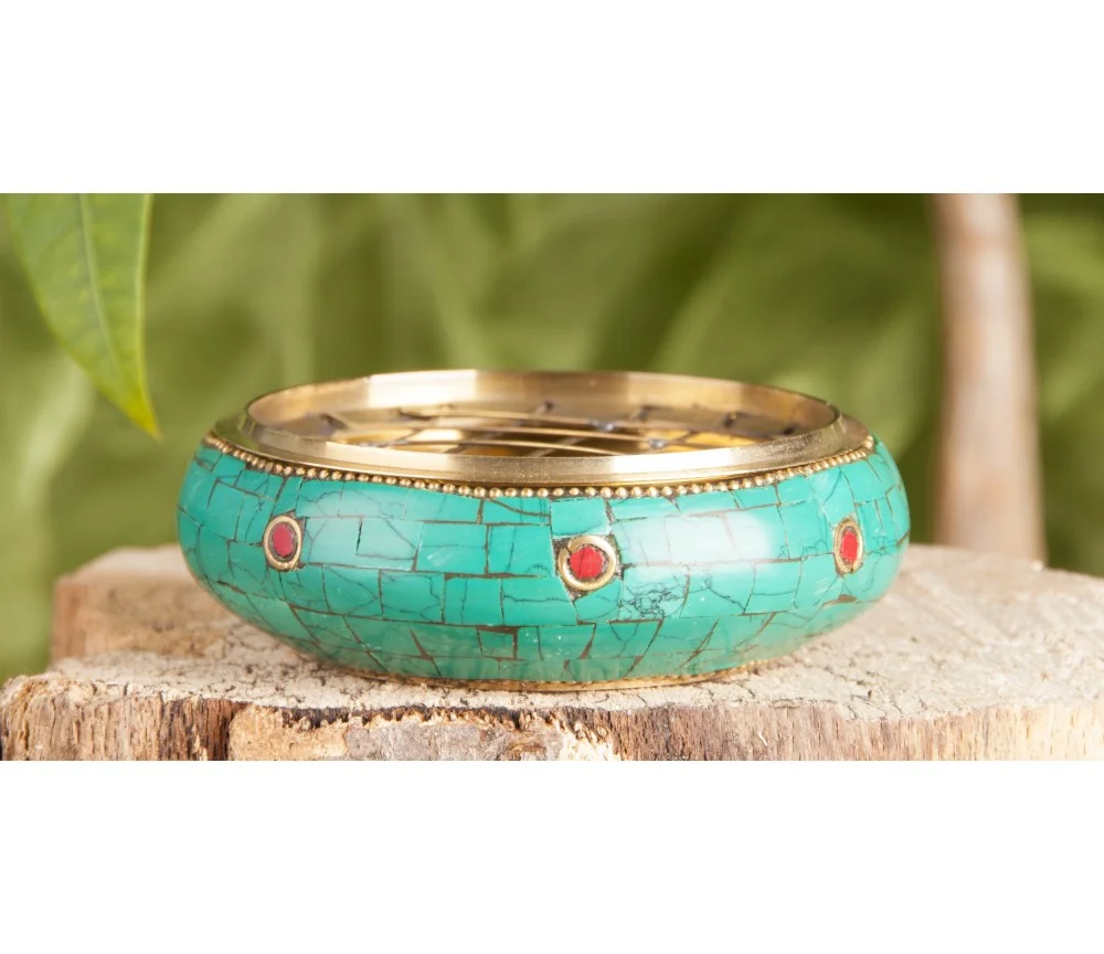 Räucherschale - mit Netzeinsatz ca. 8 cm aus Messing und Steinen