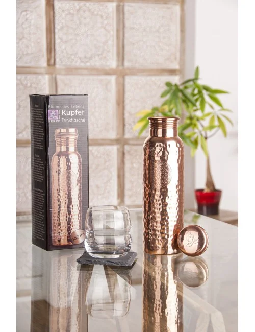 Trinkflasche aus Kupfer, 900 ml mit Blume des Lebens Symbol
