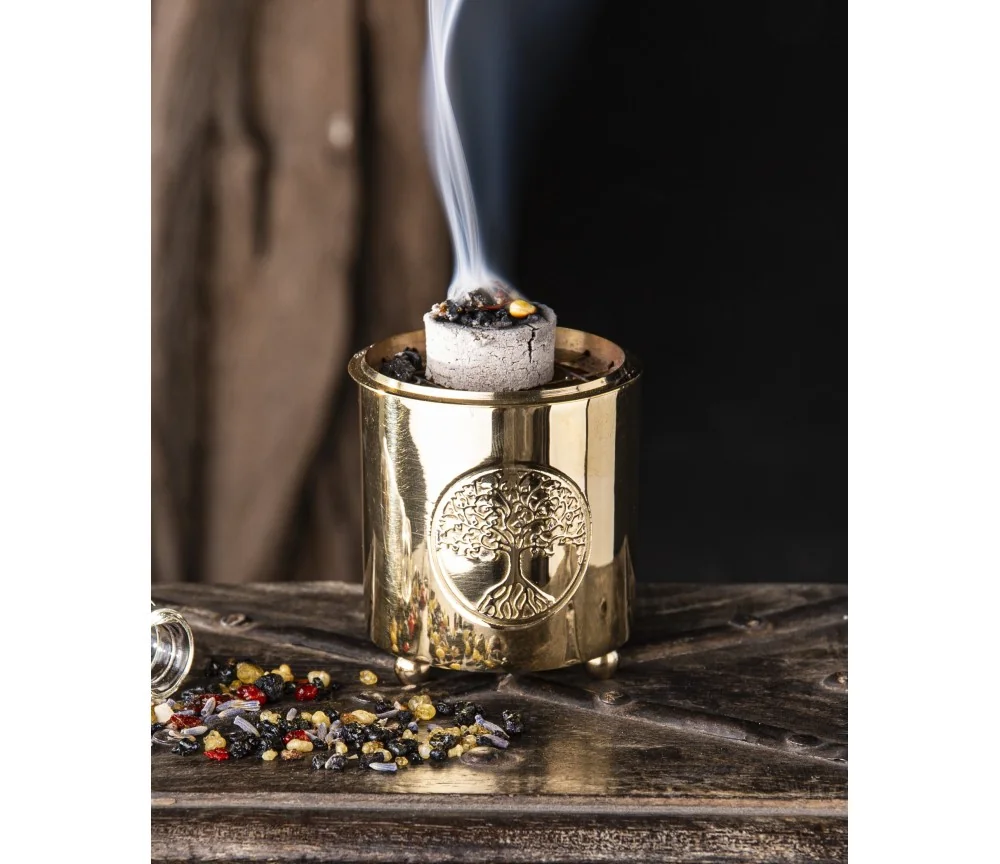 Räuchergefäß mit Netz - Motiv Yggdrasil aus Messing 6 x 5,5 cm